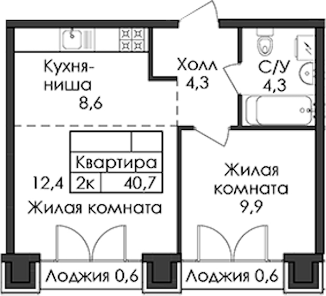 1-комнатная квартира 40.7 м², 8/9 эт., ЖК «Лермонтовский 54»